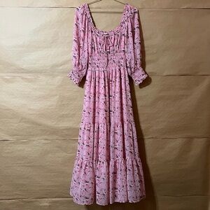 ASTR The Label | Floral Tiered Midi Dress Smocked Puff Sleeve Pink Size M
